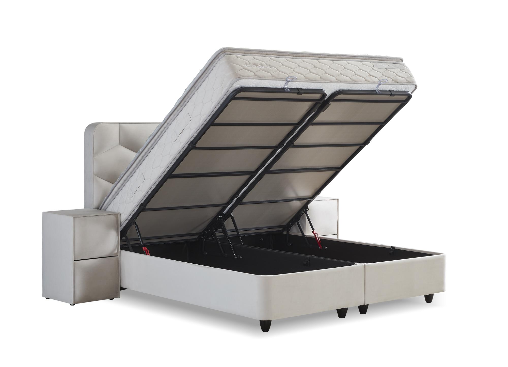 Boxspringbett 'DolceBedd' mit ergonomischer Matratze und integriertem Stauraum, ideal für erholsamen Schlaf. Erhältlich bei SkyHome24.de, bietet hohe Qualität zu günstigen Preisen.