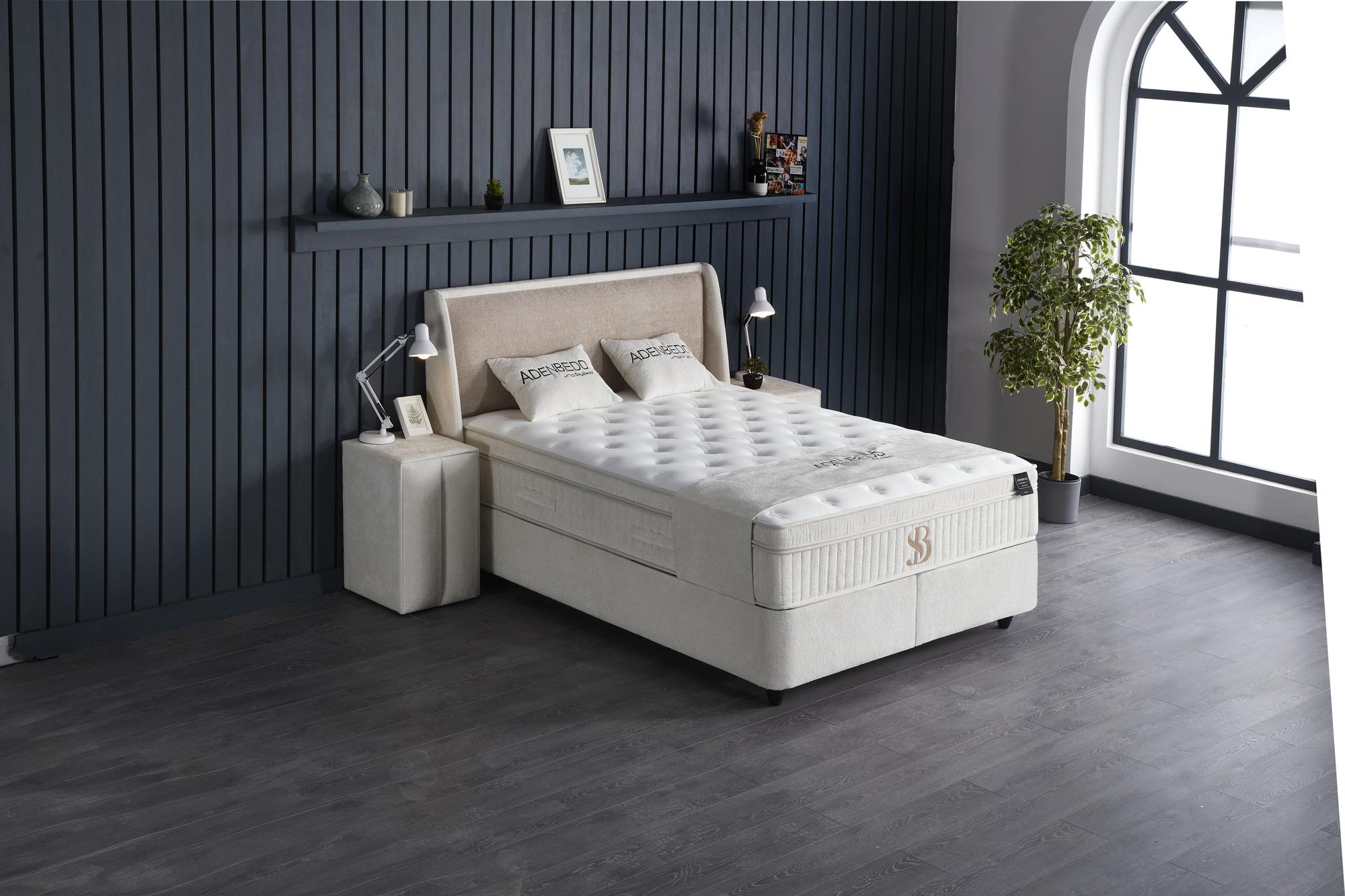 Boxspringbett 'AdenBedd' von SkyHome24.de mit integrierter Stauraum-Matratze, stilvollem Design und modernster Base Coil Pro Balance Spring-Technologie.