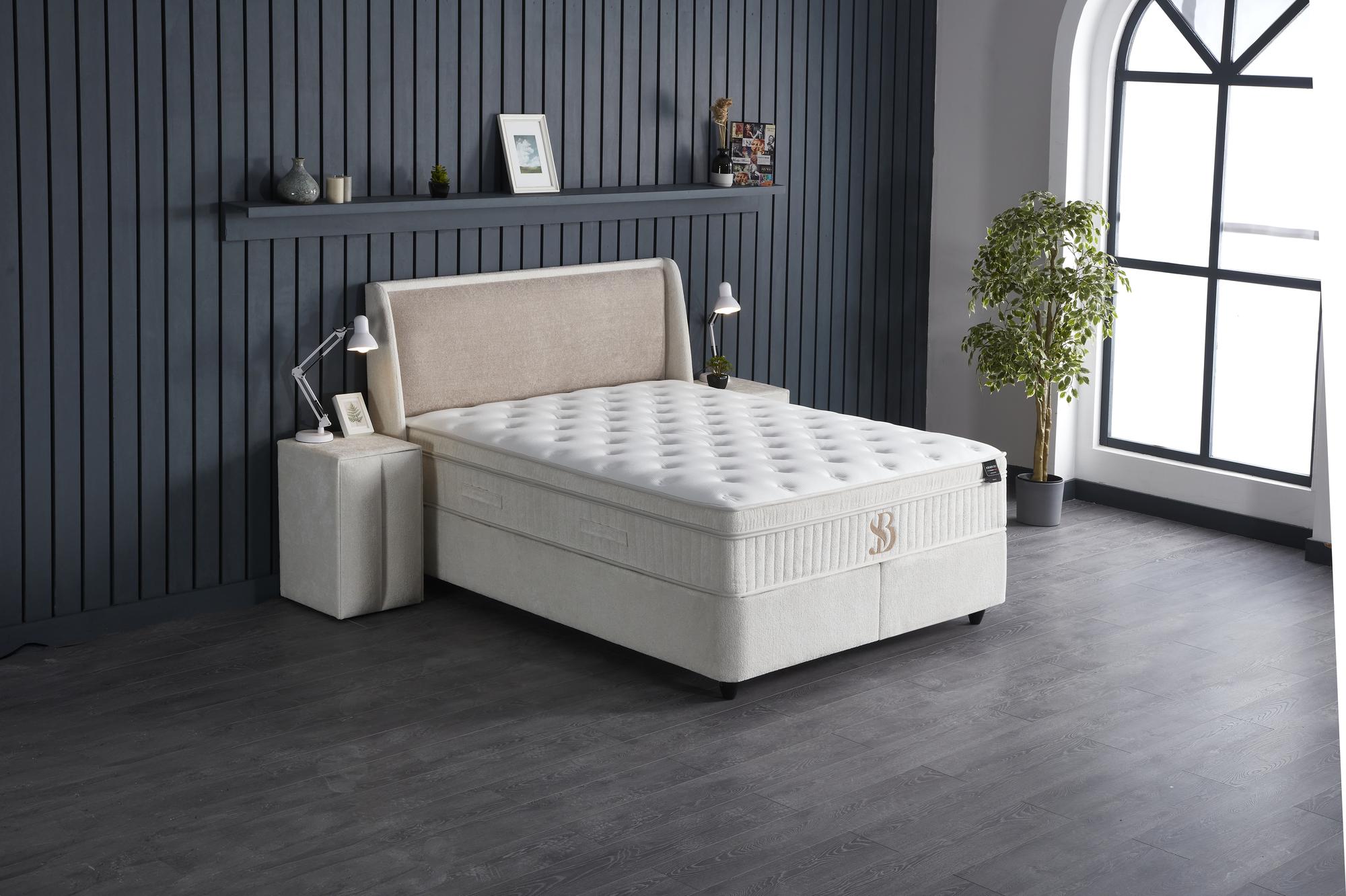 Boxspringbett 'AdenBedd' mit Matratze und Stauraum von SkyHome24.de, stilvolles Design, perfekt für günstigen, komfortablen Schlaf, innovative Technologie für ungestörte Nächte.