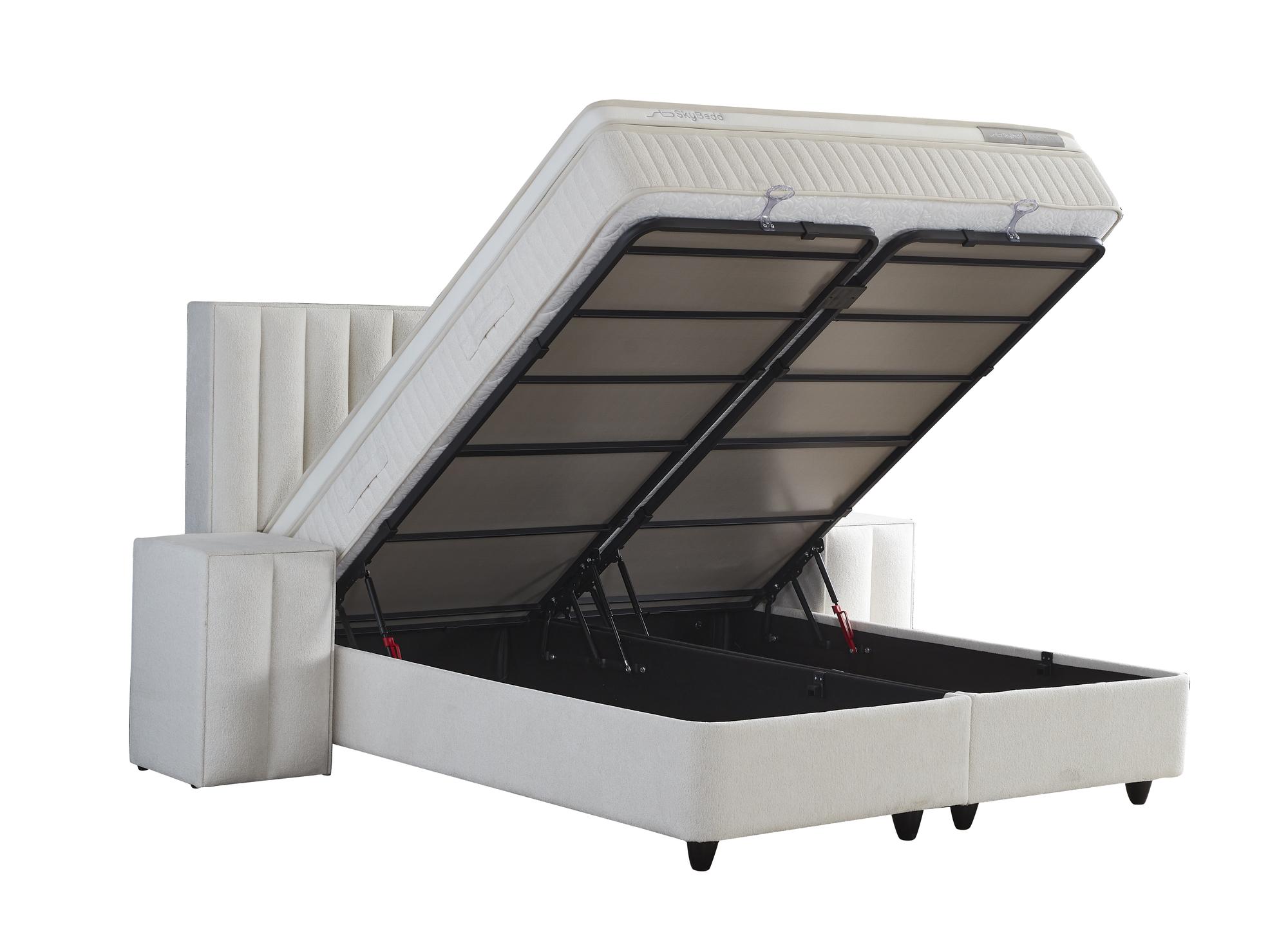 Boxspringbett 'WoollyBedd' SkyBedd mit Matratze, auf schwarzer Oberfläche platziert. Stauraumbett mit integriertem Stauraum, ideal für günstigen, modernen Schlafkomfort.