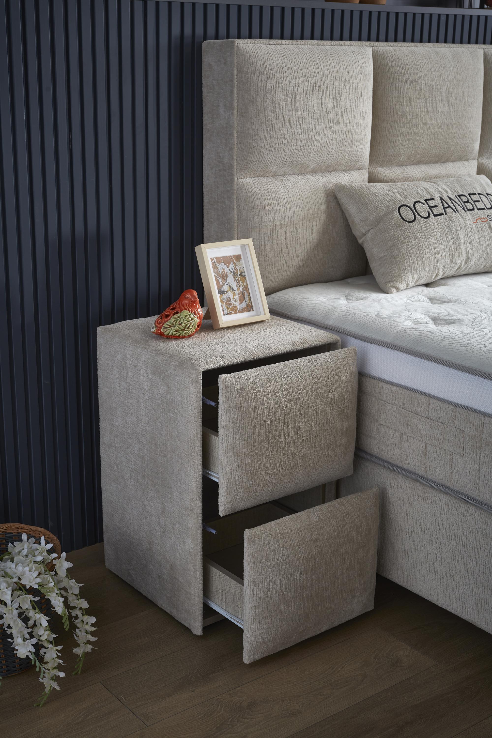 Boxspringbett 'OceanBedd' SkyBedd in Beige/Creme mit atmungsaktiver Matratze, integriertem Stauraum und Coolmax-Gewebe, ideal für ein günstiges, feuchtigkeitsfreies Schlafklima bei SkyHome24.de.