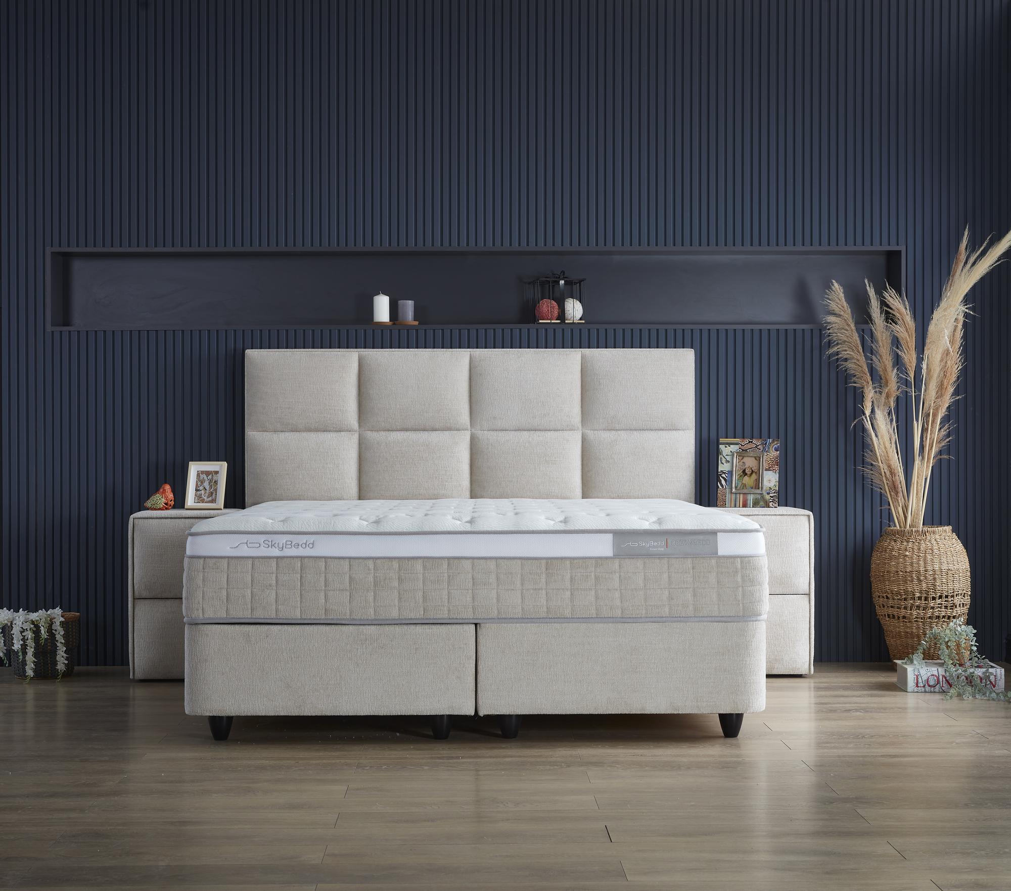 Boxspringbett 'OceanBedd' SkyBedd in Beige mit atmungsaktiver Matratze, integriertem Stauraum und hoher Lagerkapazität, angeboten bei SkyHome24.de zu günstigen Preisen.