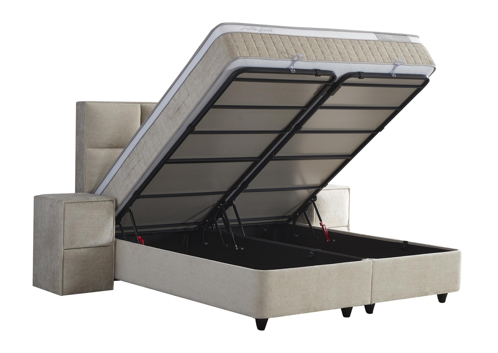 Boxspringbett 'OceanBedd' mit atmungsaktiver Matratze und integriertem Stauraum, bietet günstigen Komfort und Funktionalität, erhältlich bei SkyHome24.de.