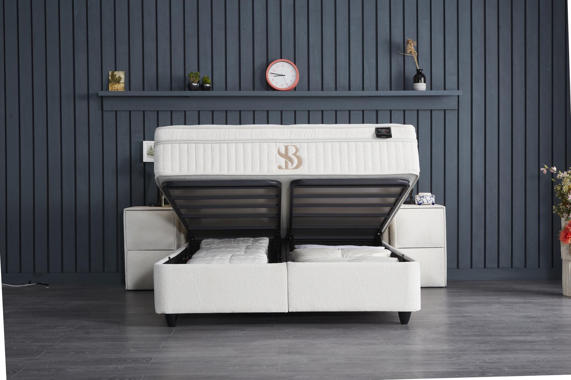 Boxspringbett 'TwinBedd' SkyBedd in Beige mit Matratze, integriertem Stauraum, stilvollem Design und hoher Funktionalität, ideal für günstigen und komfortablen Schlaf bei SkyHome24.de.