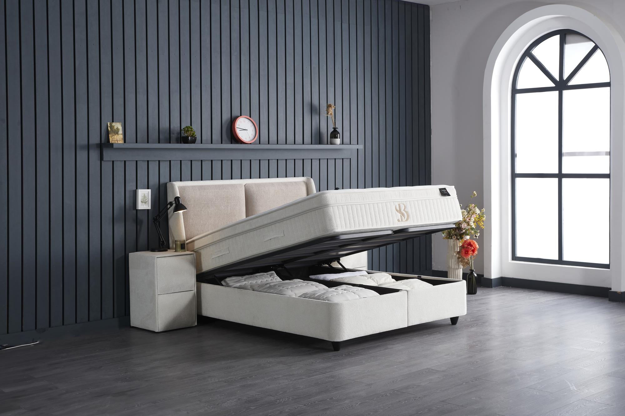 Boxspringbett 'TwinBedd' SkyBedd in Beige mit integrierter Matratze und Stauraum, ideal für einen günstigen und stilvollen Schlafkomfort von SkyHome24.de.