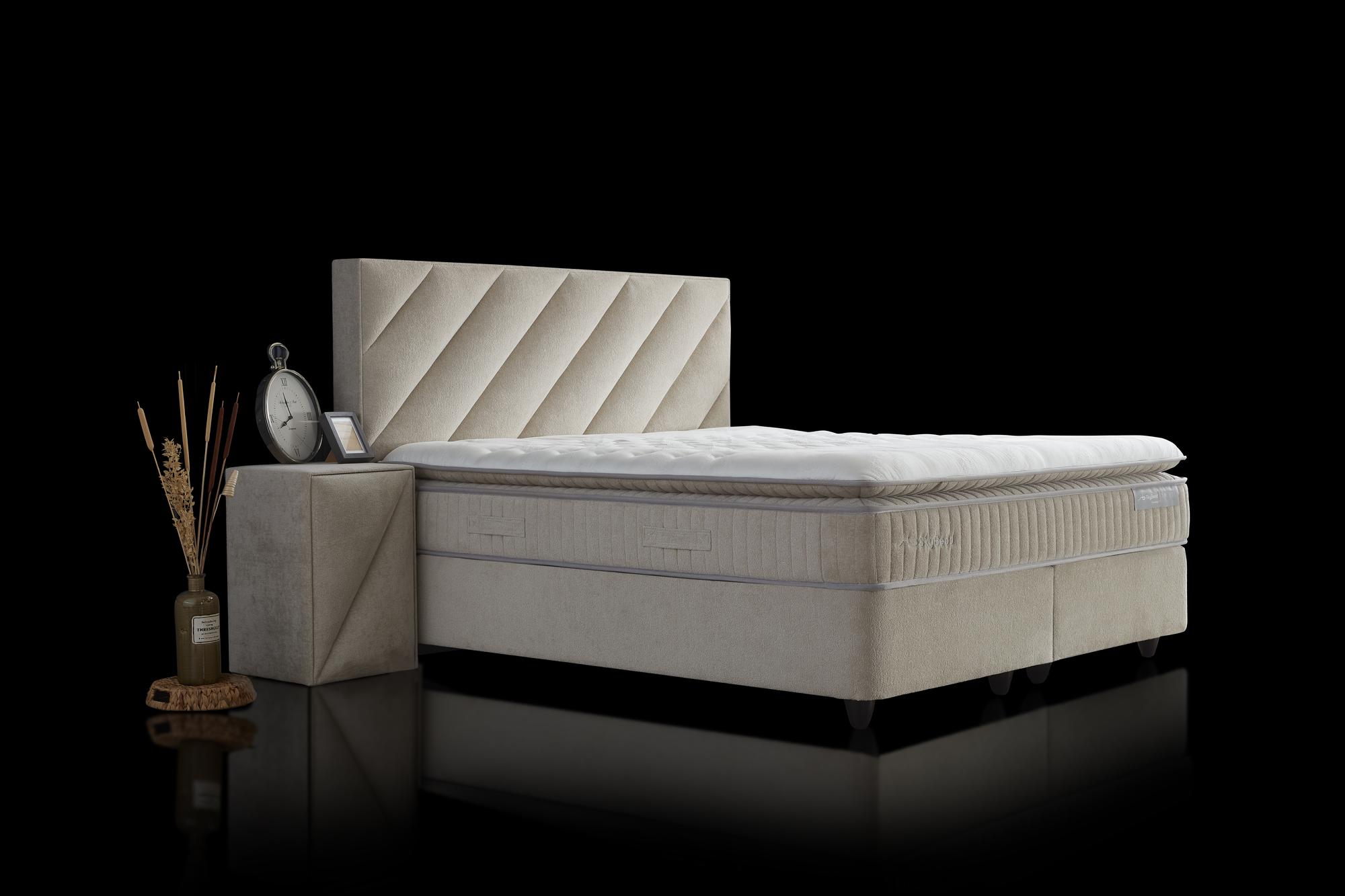 Boxspringbett 'ShineBedd' SkyBedd mit weicher Matratze und integriertem Stauraum, ideal für erholsamen Schlaf, erhältlich bei SkyHome24.de zu günstigen Preisen.