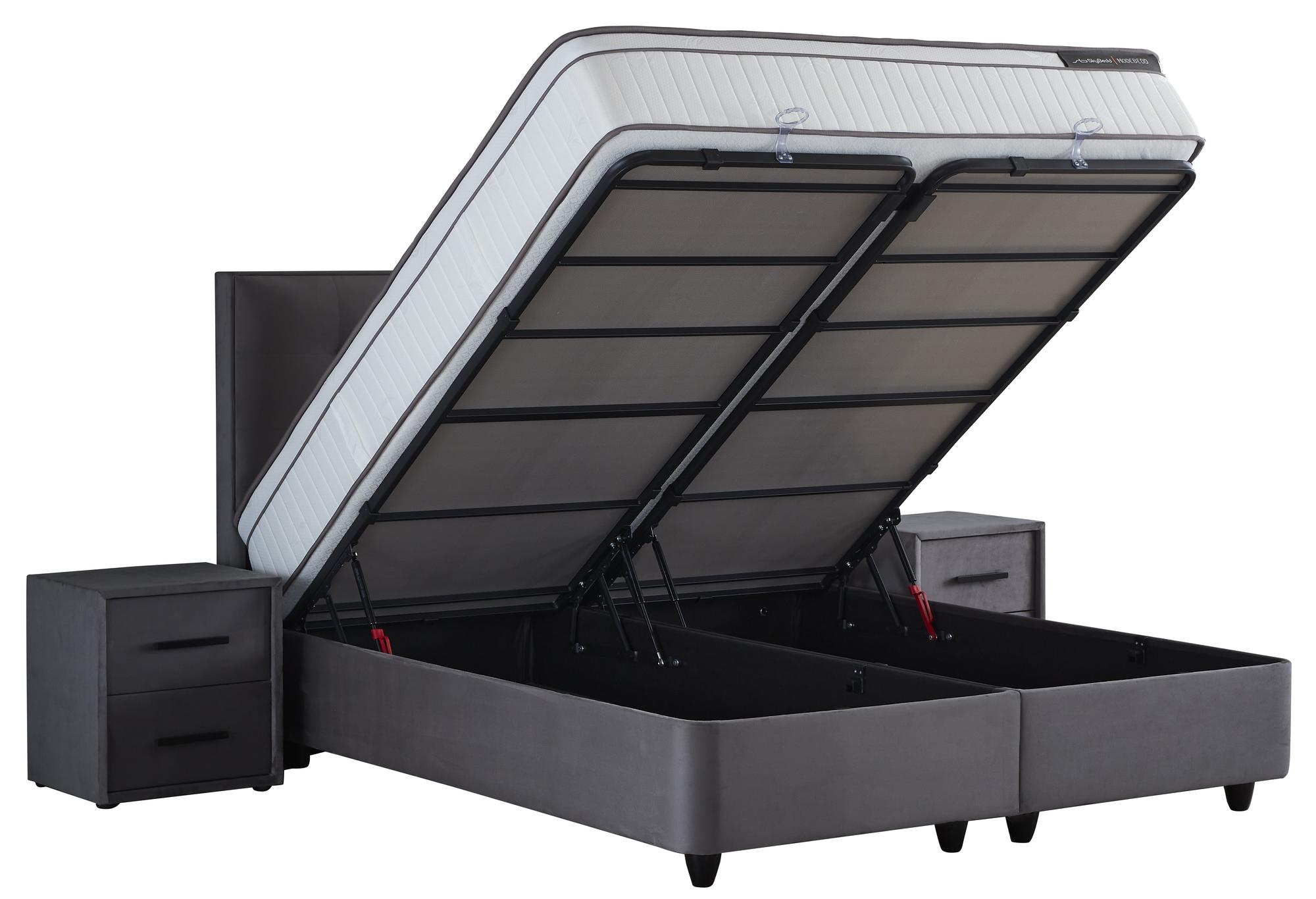 Boxspringbett 'ModeBedd' SkyBedd mit Matratze, integriertem Stauraum, ergonomischem Komfort durch Coil Pro Balance Spring Technology und Softschaum, auf weißem Hintergrund.