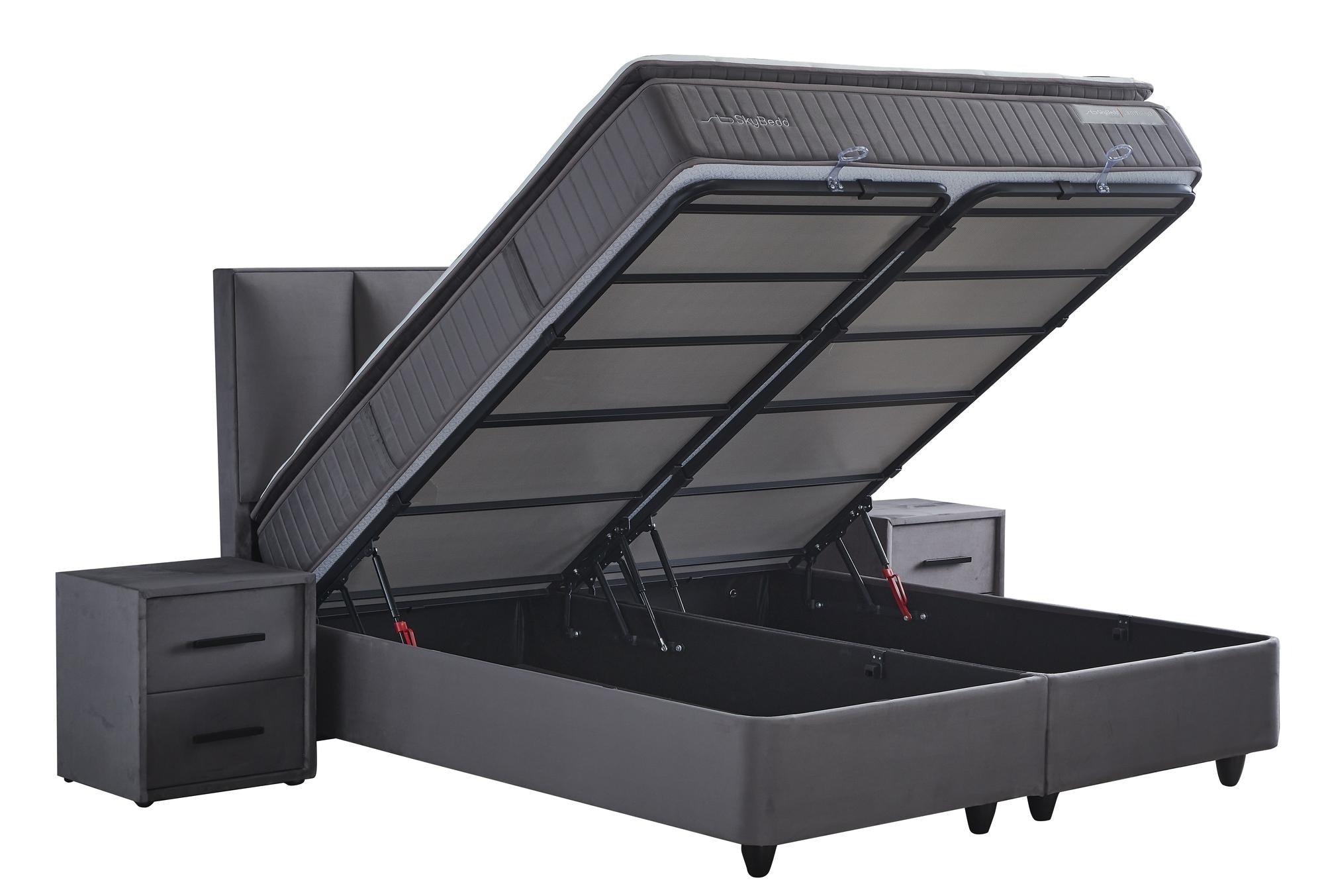 Boxspringbett 'BirdyBedd' SkyBedd in Grau/Anthrazit mit integrierter Matratze und Stauraum, präsentiert auf einer schlichten grauen Oberfläche.