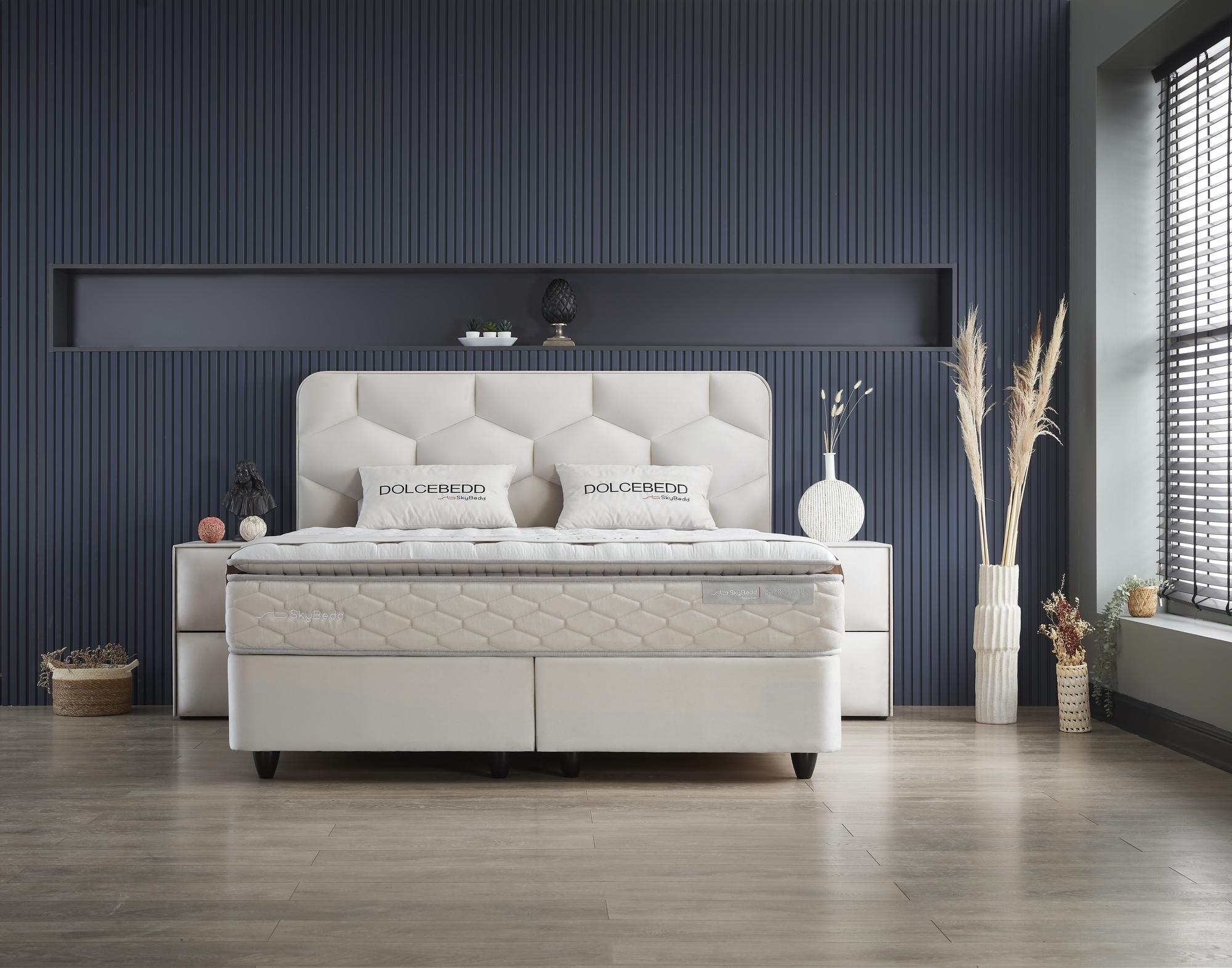 Boxspringbett 'DolceBedd' SkyBedd mit ergonomischer Matratze und integriertem Stauraum, ideal für kühlen Schlaf, erhältlich bei SkyHome24.de zu günstigen Preisen.