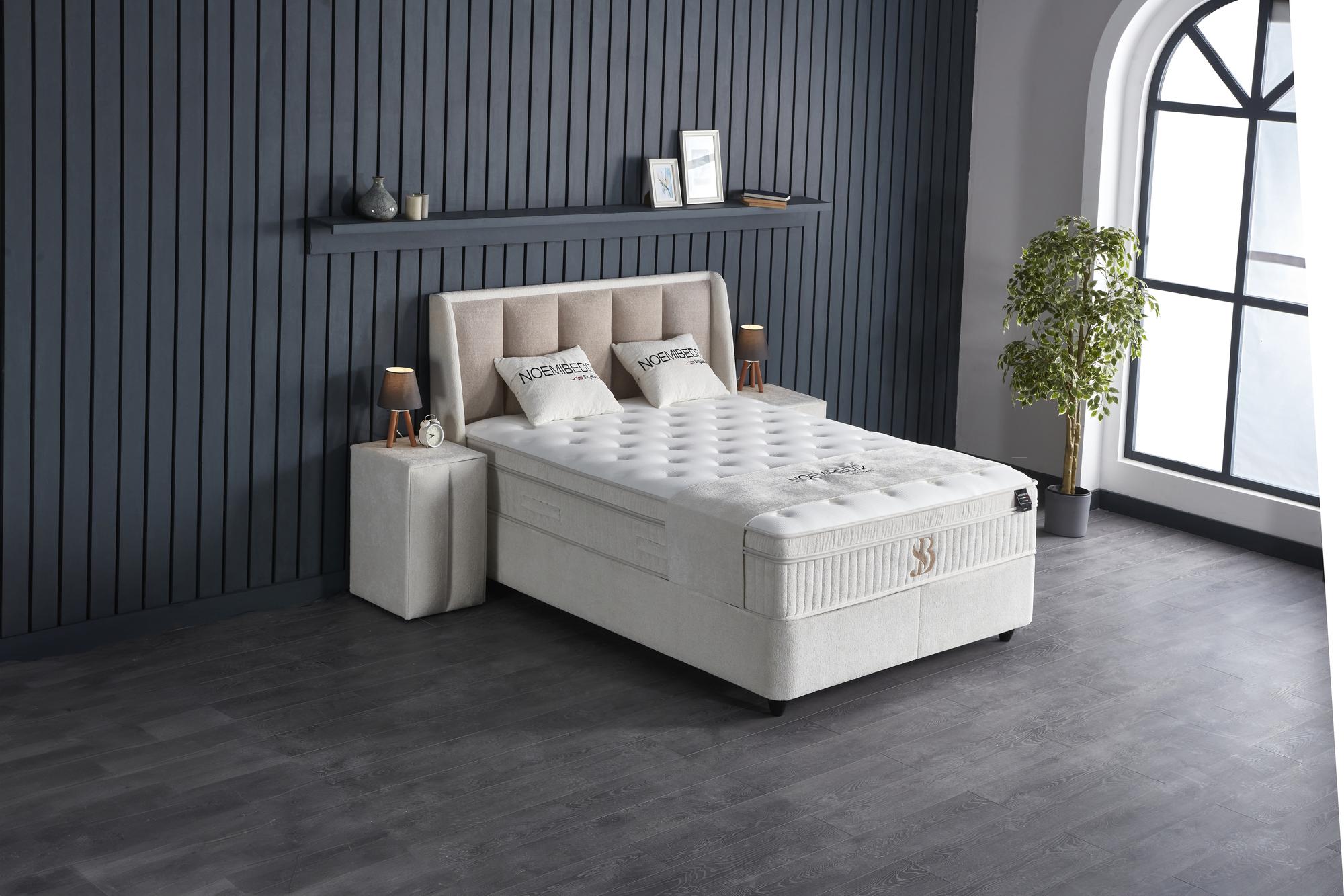 Boxspringbett 'NoemiBedd' mit integrierter Matratze und Stauraum von SkyHome24.de, ideal für günstigen, komfortablen Schlaf im modernen Design.