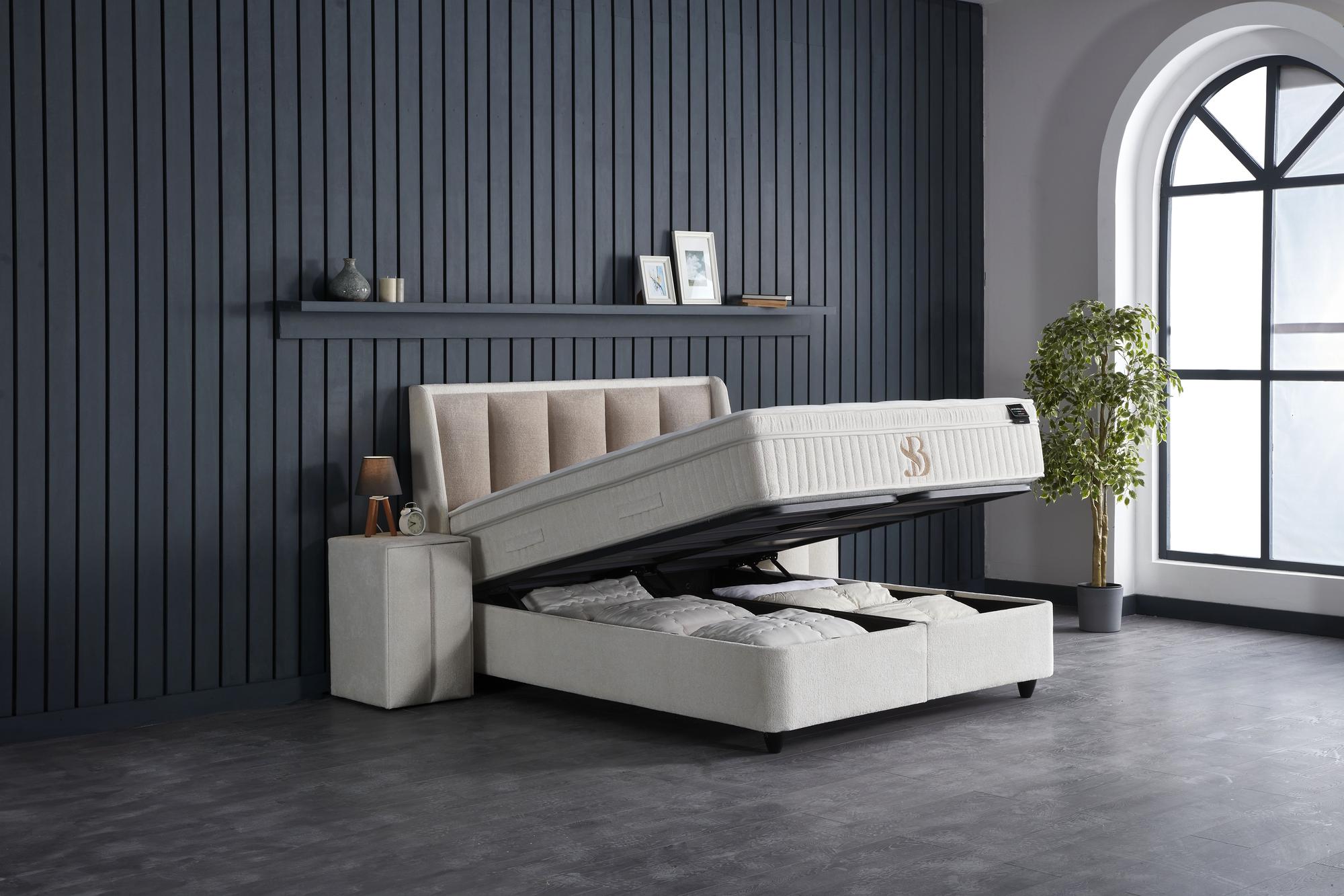 Boxspringbett 'NoemiBedd' von SkyHome24.de, mit integrierter Matratze und Stauraum, präsentiert in einem stilvollen, modernen Design, ideal für komfortablen und günstigen Schlaf.