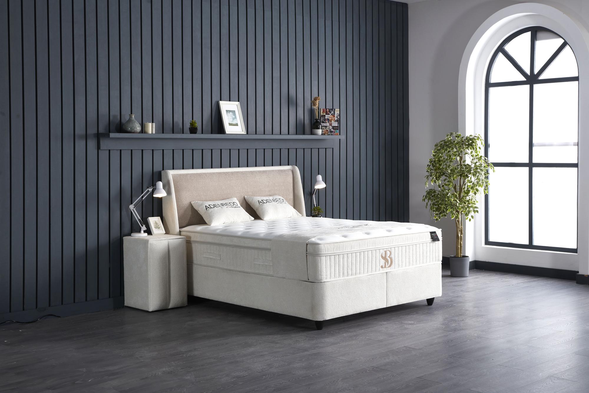 Boxspringbett 'AdenBedd' von SkyHome24.de mit Matratze und integriertem Stauraum, stilvolles Design, günstig, ideal für ungestörten Schlaf.
