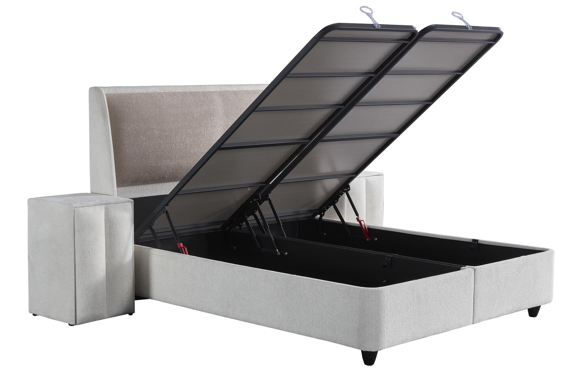 Boxspringbett 'AdenBedd' von SkyBedd in Beige, mit integrierter Matratze und Stauraum, präsentiert auf SkyHome24.de. Ein stilvolles und funktionales Möbelstück für günstigen Komfort.