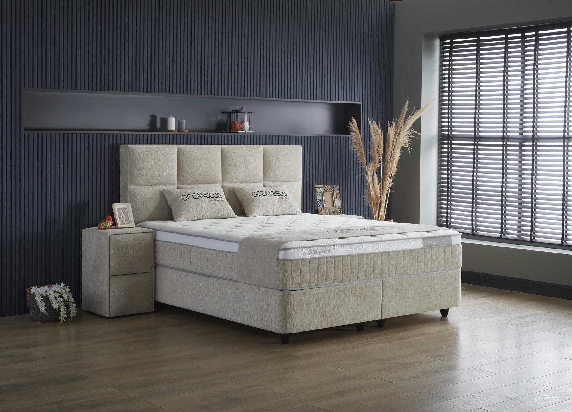 Boxspringbett 'OceanBedd' SkyBedd in Beige/Creme mit atmungsaktiver Matratze und integriertem Stauraum, ideal für günstiges, komfortables Schlafen, erhältlich bei SkyHome24.de.