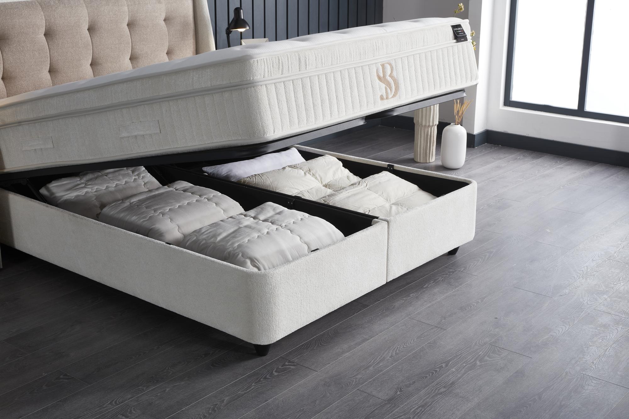 Boxspringbett 'PerlaBedd' von SkyHome24.de mit integrierter Stauraumfunktion und OEKO-TEX Matratze, ideal für komfortablen Schlaf und günstige Preise.