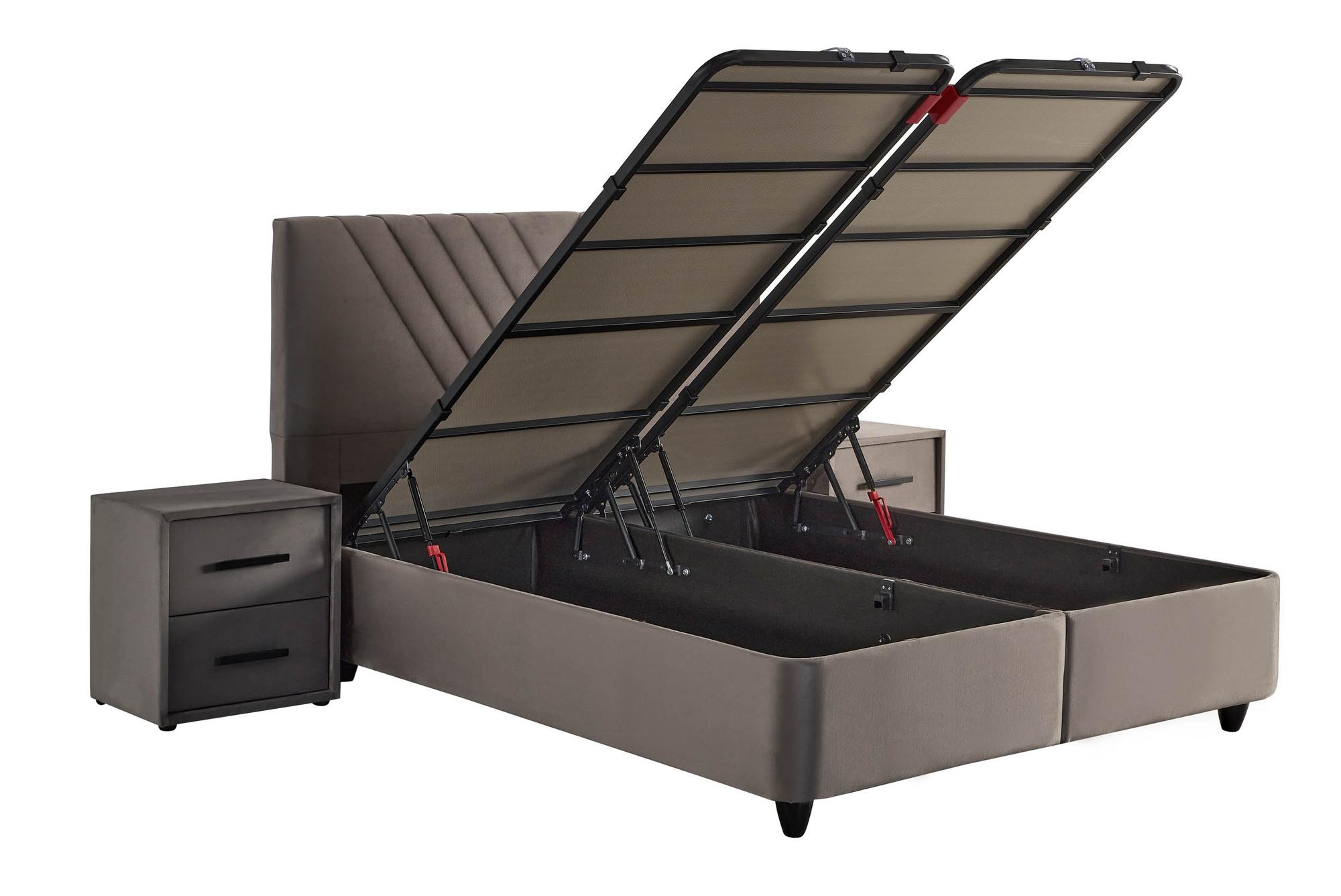 Boxspringbett 'IdaBedd' von SkyHome24.de, zeigt zwei Schubladen und ein aufklappbares Design mit ergonomischer Hybridmatratze, ideal für günstigen Komfort und modernen Stauraum.